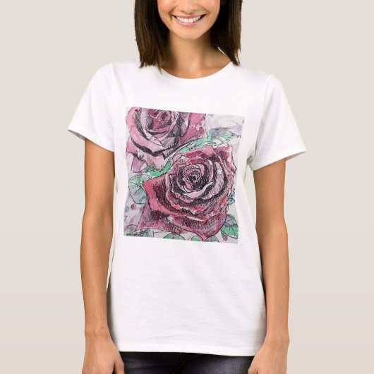 レッドローズウォーター色の花絵画のフローラ Tシャツ (正面)