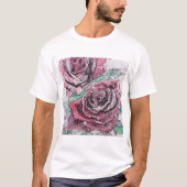 レッドローズウォーター色の花絵画のフローラ Tシャツ (正面)