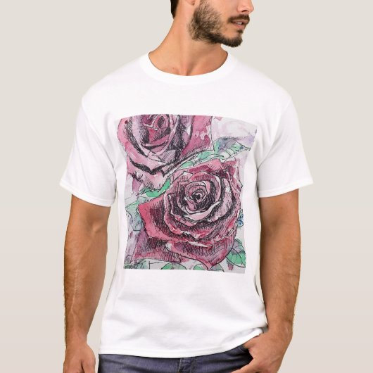 レッドローズウォーター色の花絵画のフローラ Tシャツ (正面)