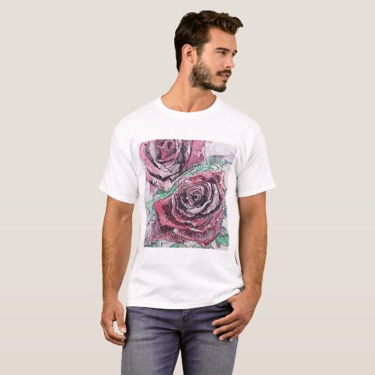レッドローズウォーター色の花絵画のフローラ Tシャツ (正面フル)