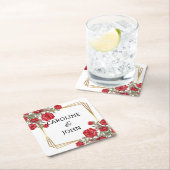 レッドローズウォーター色金ゴールド結婚フローラ スクエアペーパーコースター (インサイチュ)