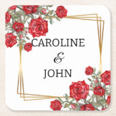 レッドローズウォーター色金ゴールド結婚フローラ スクエアペーパーコースター (正面)