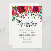 レッドローズエレガントフラワーバースデーパーティー招待状 招待状 (正面/裏面)