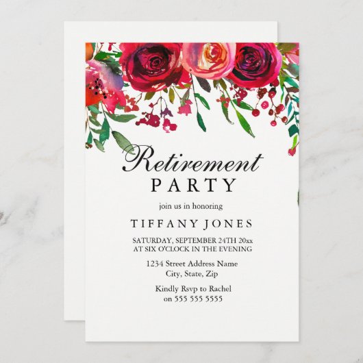 レッドローズエレガントフラワーリタイアメントパーティー招待状 招待状 (正面/裏面)