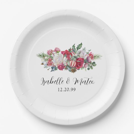 レッドローズエレガントフローラクリスマス結婚ズ ペーパープレート (正面)