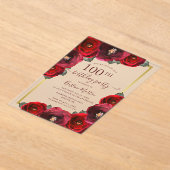 レッドローズエレガントフローラ金ゴールド100th誕生日パーティー アクリル招待状 (レイダウン)