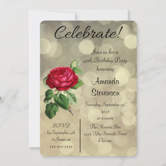 レッドローズオンザゴールデン《写真》ぼけ味ライト誕生日 招待状 (正面)