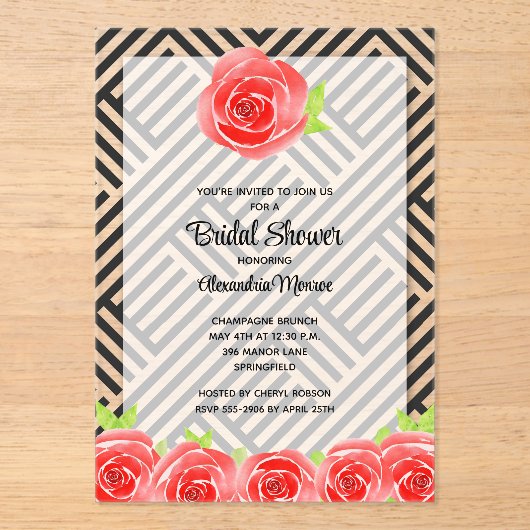 レッドローズオンストライプブライダルシャワー アクリル招待状 (正面)