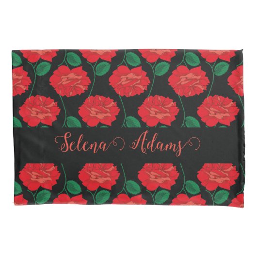 レッドローズオンブラックピラロケース 枕カバー (正面左)