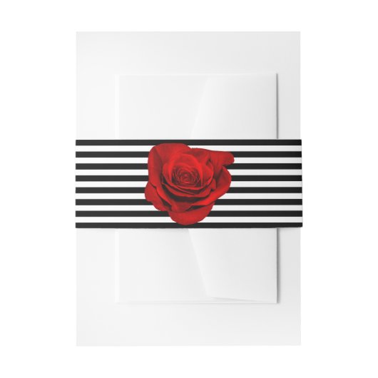 レッドローズオンブラック&ホワイトストライプズ結婚ズ 招待状ベリーバンド (正面例)