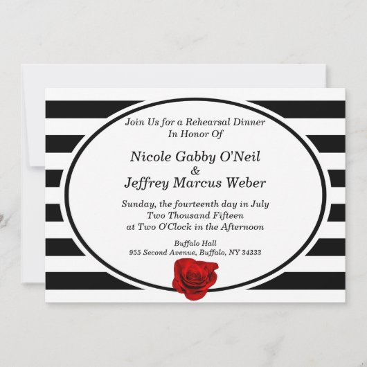 レッドローズオンブラック&ホワイトストライプリハーサルディナー 招待状 (正面)