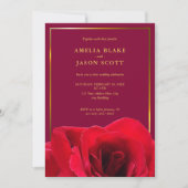 レッドローズオン深いピンク |金ゴールドフレーム結婚写真 招待状 (正面)