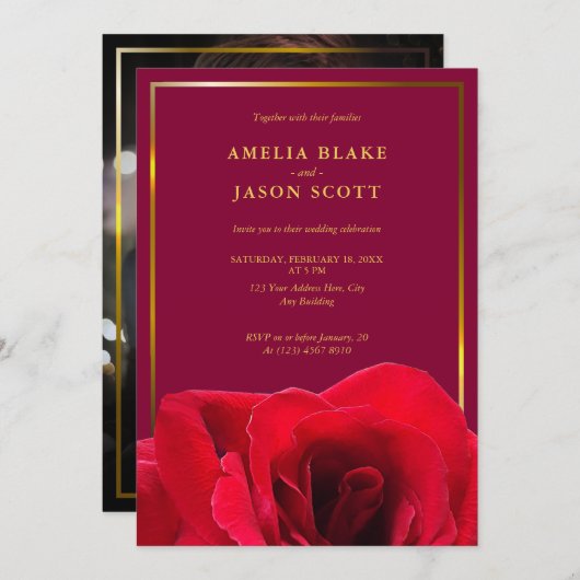 レッドローズオン深いピンク |金ゴールドフレーム結婚写真 招待状 (正面/裏面)