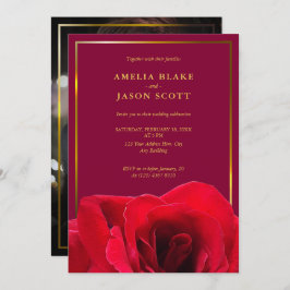 レッドローズオン深いピンク |金ゴールドフレーム結婚写真 招待状