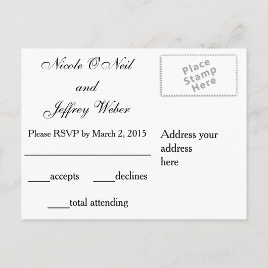 レッドローズオン白黒ストライプウェディングRSVPカード インビテーションポストカード (裏面)