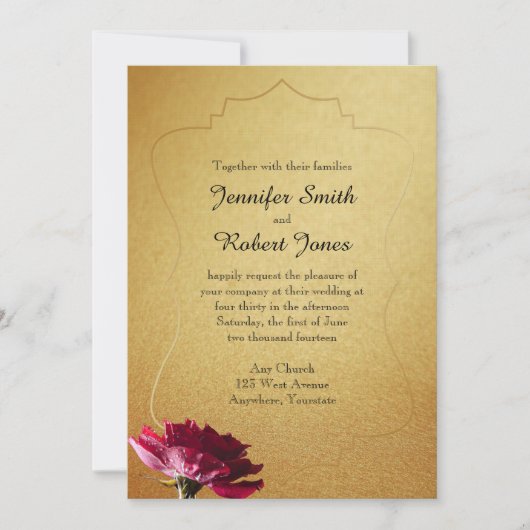 レッドローズオン金ゴールド結婚式招待状 招待状 (正面)