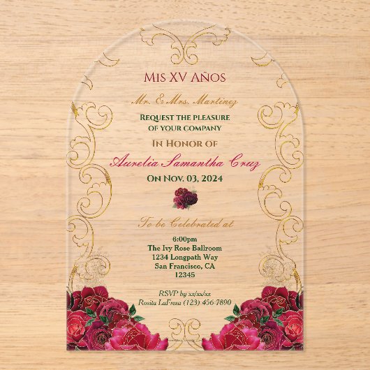 レッドローズキンセアニラフローラアクリル招待状 アクリル招待状 (正面)