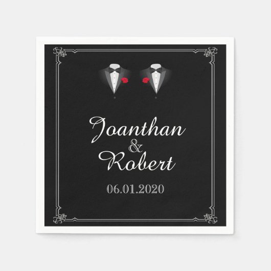 レッドローズゲイのナプキン結婚付き2つのタキシード スタンダードカクテルナプキン (正面)