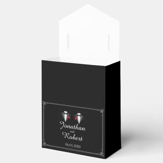 レッドローズゲイ結婚式の引き出物ボックス付き2つのTuxedo フェイバーボックス (オープン)