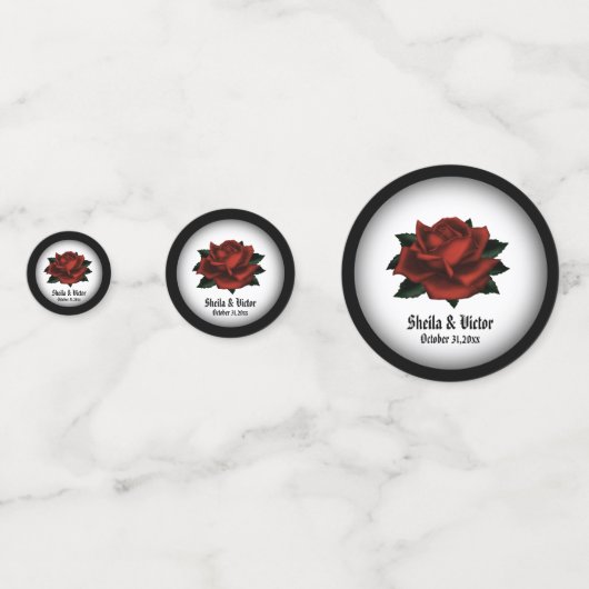 レッドローズゴシッ結婚クの名前と日付紙吹雪 コンフェッティ (裏面)