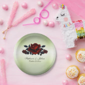 レッドローズゴシッ結婚クの名前と日付緑 ペーパープレート (パーティー)