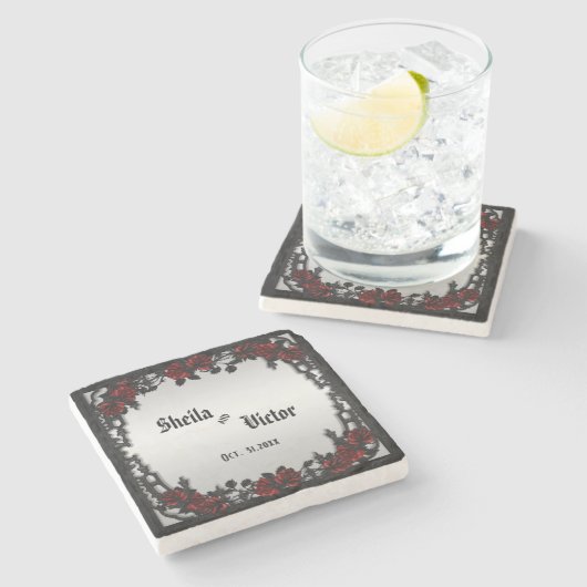 レッドローズゴシッ結婚クの鉄パーソナライズされた門 ストーンコースター (横)