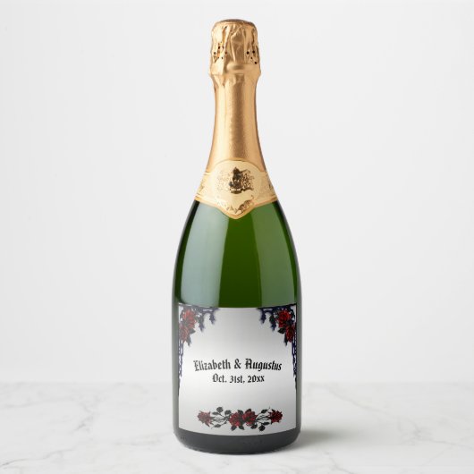 レッドローズゴシッ結婚クの鉄パーソナライズされた門 スパークリングワインラベル (正面)