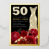 レッドローズゴールデンドレス50thバースデーパーティー金ゴールド 箔招待状 (正面)