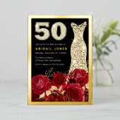 レッドローズゴールデンドレス50thバースデーパーティー金ゴールド 箔招待状 (立ち正面)