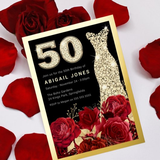 レッドローズゴールデンドレス50thバースデーパーティー金ゴールド 箔招待状