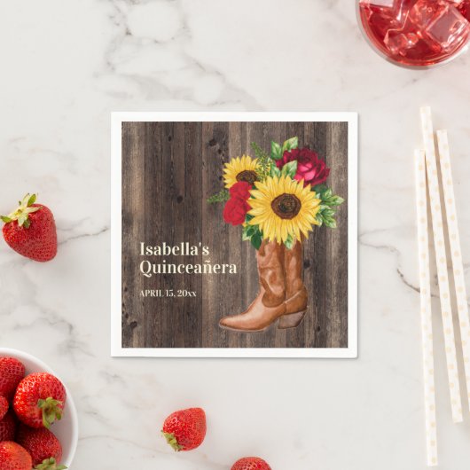 レッドローズサンフラワーズ女性のカーボーイブーツキンセアニェラ スタンダードカクテルナプキン (インサイチュ)