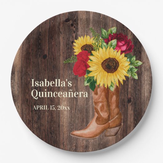 レッドローズサンフラワーズ女性のカーボーイブーツキンセアニェラ ペーパープレート (正面)