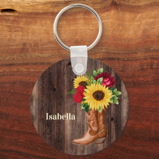レッドローズサンフラワーズ女性のカーボーイブーツ名 キーホルダー (正面)