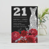 レッドローズシルバーダイヤモンドドレス21歳のパーティー 招待状 (スタンド正面)