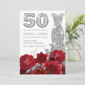 レッドローズシルバーダイヤモンドドレス50誕生日 招待状 (スタンド正面)