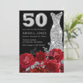 レッドローズシルバーダイヤモンドナンバードレス50誕生日 招待状 (スタンド正面)