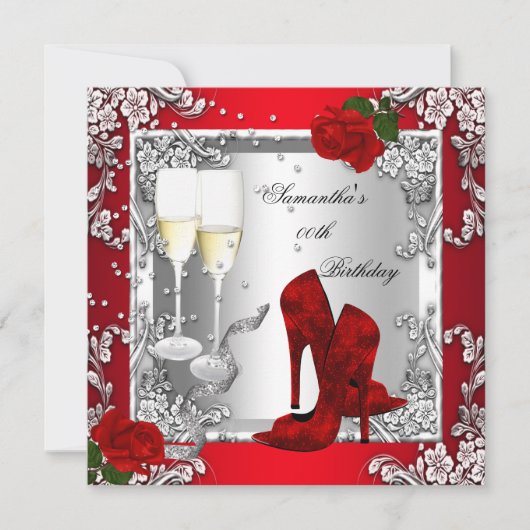 レッドローズシルバーハイヒールシューズ任意の年齢パーティー 招待状 (正面)
