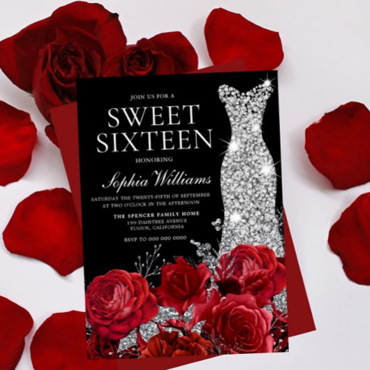 レッドローズダイヤモンドガウンブラックスウィート16誕生日 招待状