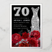 レッドローズダイヤモンドガウン70誕生日実在銀 箔招待状 (正面)