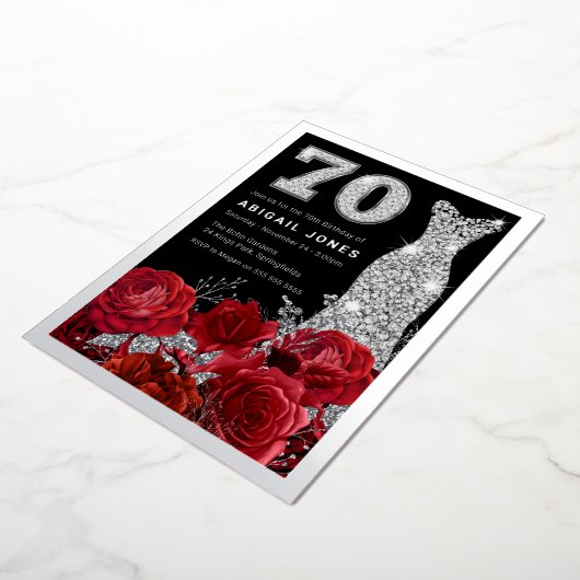 レッドローズダイヤモンドガウン70誕生日実在銀 箔招待状 (回転した状態)