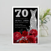 レッドローズダイヤモンドガウン70誕生日実在銀 箔招待状 (立ち正面)