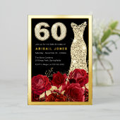 レッドローズダイヤモンドドレス60th誕生日ゴールデン 箔招待状 (立ち正面)