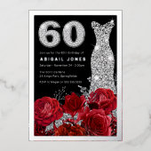 レッドローズダイヤモンドドレス60th誕生日シルバー 箔招待状 (正面)