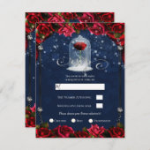 レッドローズネイビーブルーホワイト金ゴールドシルバーパーティーRSVP 招待状 (正面/裏面)