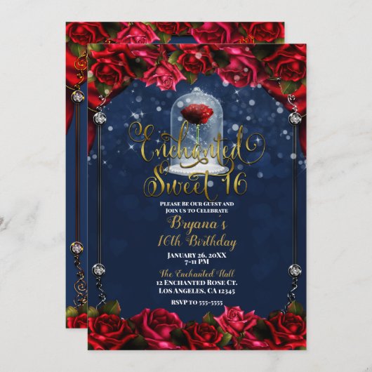 レッドローズネイビーブルー金ゴールドスウィート16 16thパーティー 招待状 (正面/裏面)