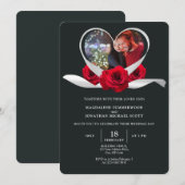 レッドローズハートフォトロマンチックなホワイトリボングレー 招待状 (正面/裏面)