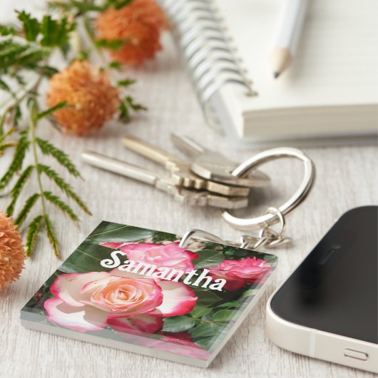レッドローズバラフローラフォトレディースバースデーパーティー キーホルダー (正面右)
