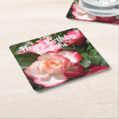 レッドローズバラフローラフォトレディースバースデーパーティー スクエアペーパーコースター (アングル)