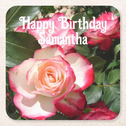 レッドローズバラフローラフォトレディースバースデーパーティー スクエアペーパーコースター (正面)