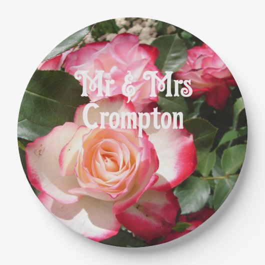 レッドローズバラフローラ写真結婚のバルーン ペーパープレート (正面)